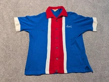 Vintage Bowling Shirt Mens Medium Blue Red Hilton Striped 50s 60s Chain Stitched