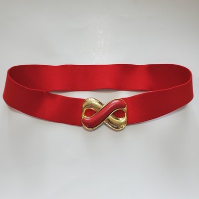 Vintage Day-Lor Red Elastic Cinch Belt Gold Infinity Buckle 80s Retro Waist 28in