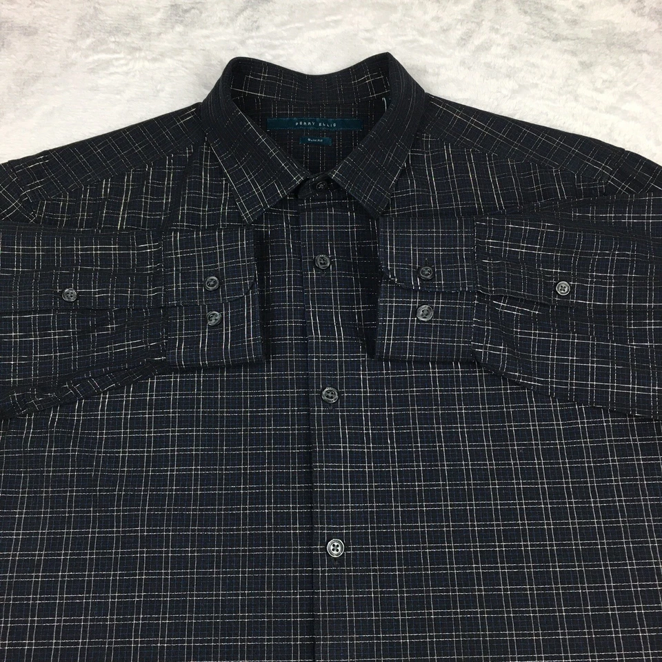 Camisa social masculina Perry Ellis média preta metálica prata xadrez slim fit - Imagem 4 de 4