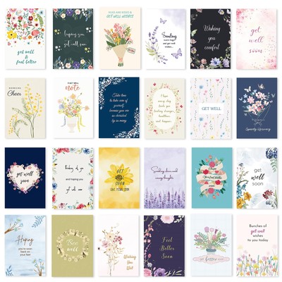 24 Pack Floral Get Well Cards with Self-adhesive Envelopes, 4''x6'' Boxed Prefi...