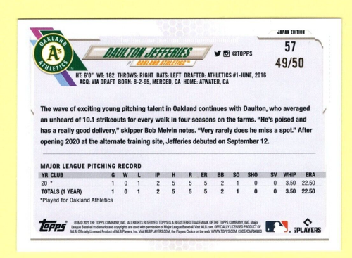 DAULTON JEFFERIES #49/50 PÚRPURA EDICIÓN JAPÓN 2021 TOPPS #57 OAKLAND A's - Imagen 2 de 2