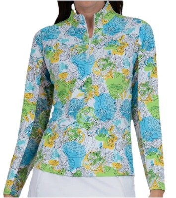 NWT IBKUL Golf Tennis 1/4 Zip Pullover Top S M XL 2XL Blue Floral Longsleeve D4
