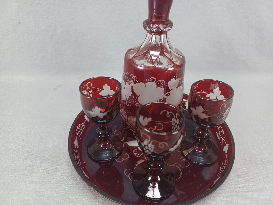 Bohemian Ruby Stained Engraved Grapevine & Honeycomb Cut Liquor Set C.1870-1880s - Image 3 of 4