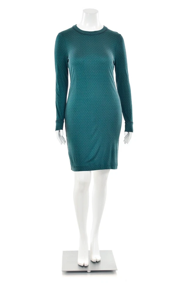 Tory Burch Long Sleeve Silk Jersey Sheath Dress in Navy/Green Print sz L - Image 2 of 4
