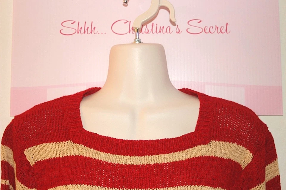 RENA ROWAN Knit Sweater Red & Ivory Ribbon Style Yarn Sz 2 X * XLNT - Image 2 of 4