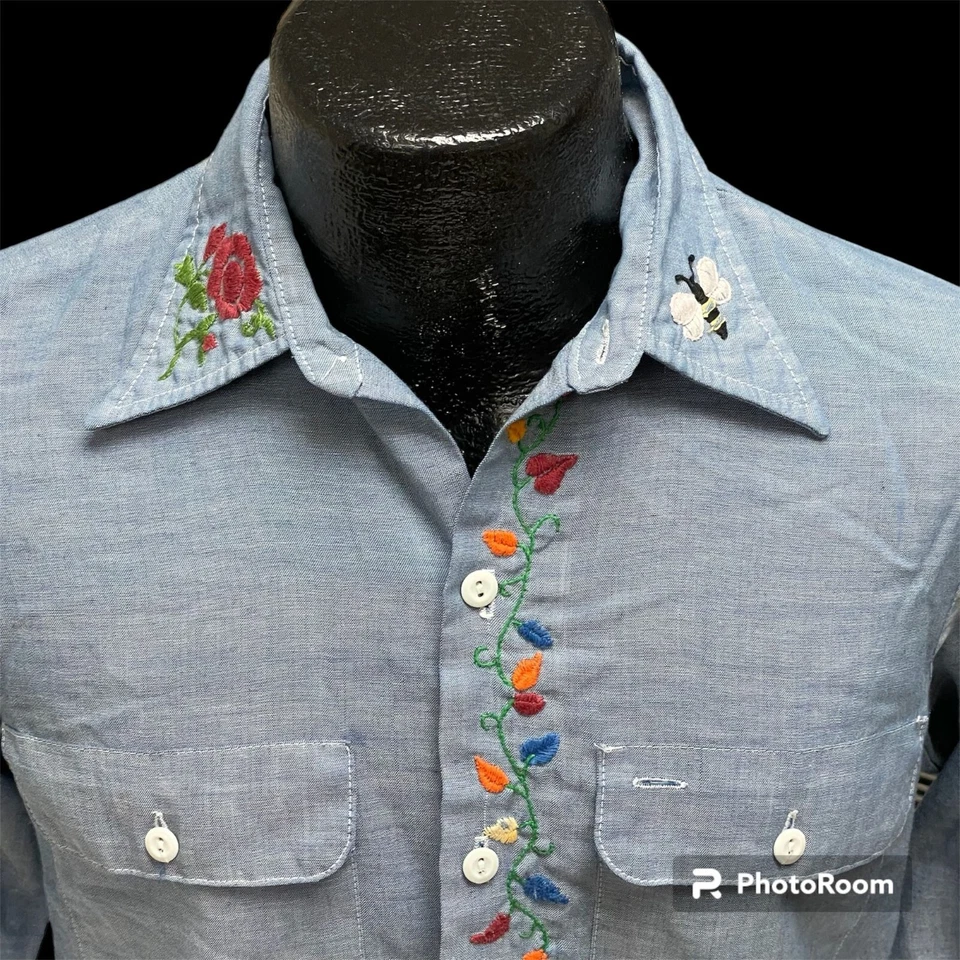 Camisa hippie vintage BIG MAC CHAMBRAY bordada floral palma ILHA PÔR DO SOL 50/50 M - Imagem 4 de 4