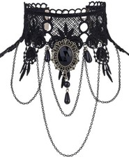 Gothic Victorian Black Lace Choker Necklace Tassel Chain Steampunk New 8142