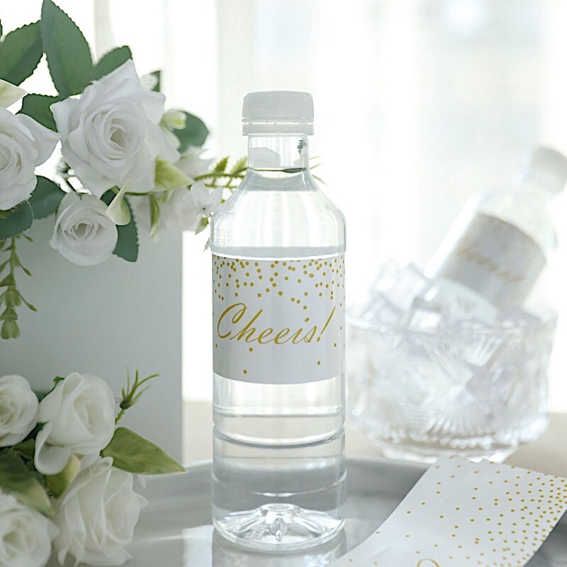 24 WHITE GOLD Cheers STICKERS Wedding Party Water Bottle Lab