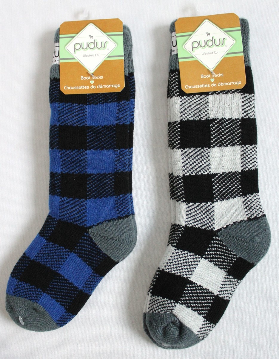 Pudus Kid's Tall Boot Socks Lot of 2 Lumberjack Blue & White