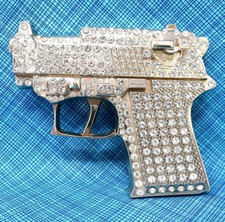 Pistol Bling Belt Buckle Silver Tone Metal Rhinestones Hip Hop Music Vtg .TWY080