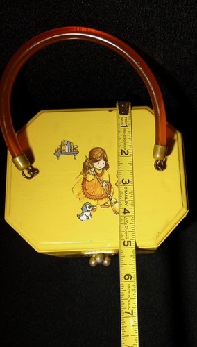 VTG Wooden Purse Handbag Lucite Handle Decoupage Octagonal With Butterfly Clasp - Picture 18 of 21