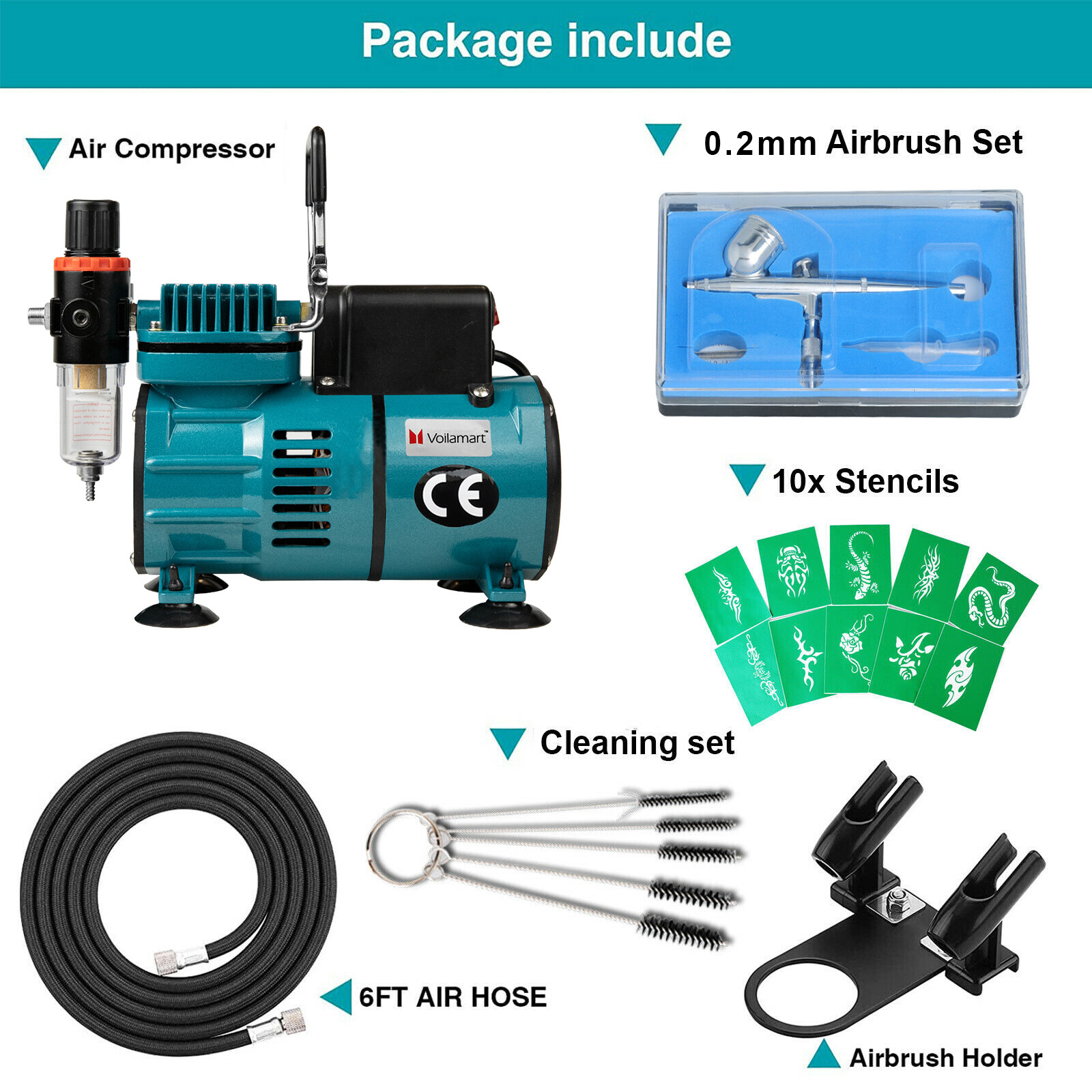 Voilamart Airbrush Compressor Kit & 0.2mm Air Brush Spray Gun Art