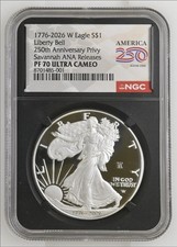 2026 W Proof 1 American Silver Eagle NGC PF70UC Privy 250th ANA SHOW Savannah