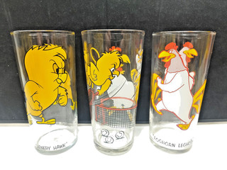Vintage LOT x3 1973 76 HENERY HAWK FOGHORN Looney Tunes PEPSI Collector Glasses