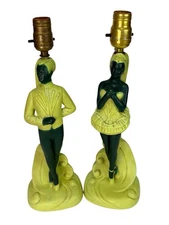 2 Vintage Chalkware Lamps Rare MCM Pas De Deux Ballerina Green/Black Brest Mfg