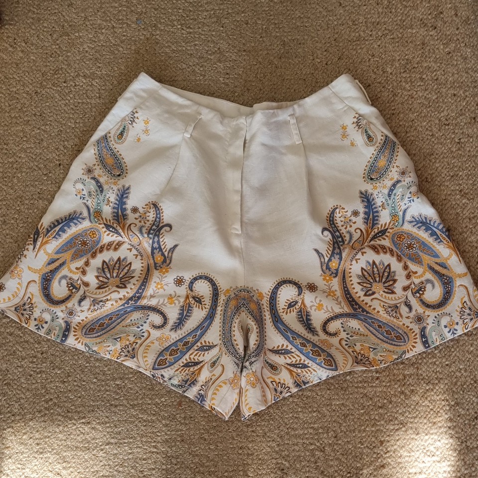 Witchery Ladies Linen Paisley Bermuda Shorts Size 14 White Blue Brown Yellow