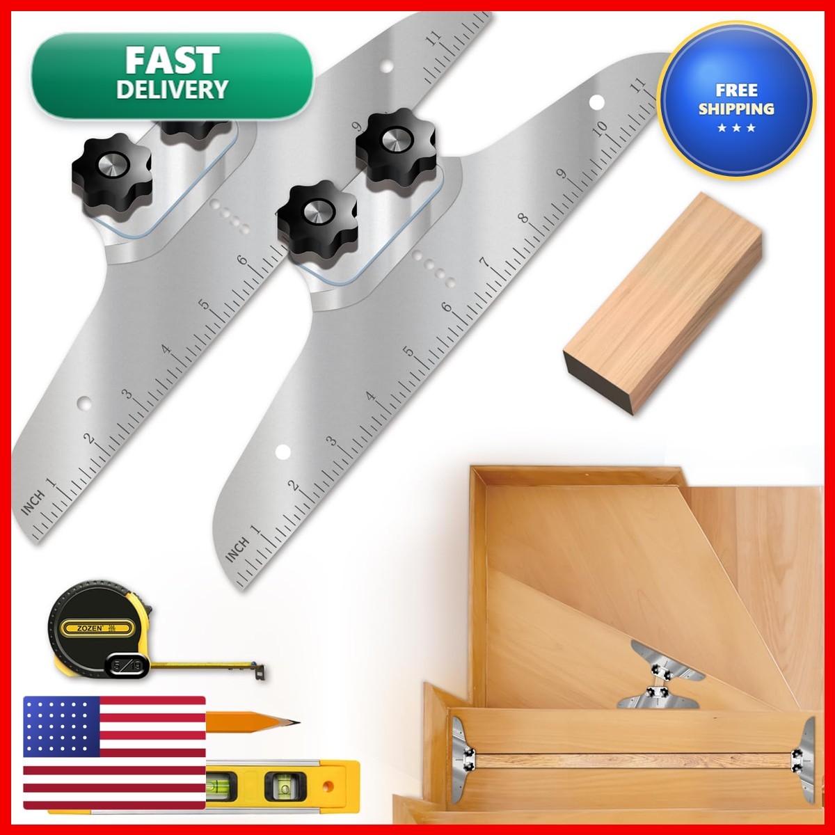 NAACOO Stair Tread Template Tool Level Tape Measure Carpenter Pencil