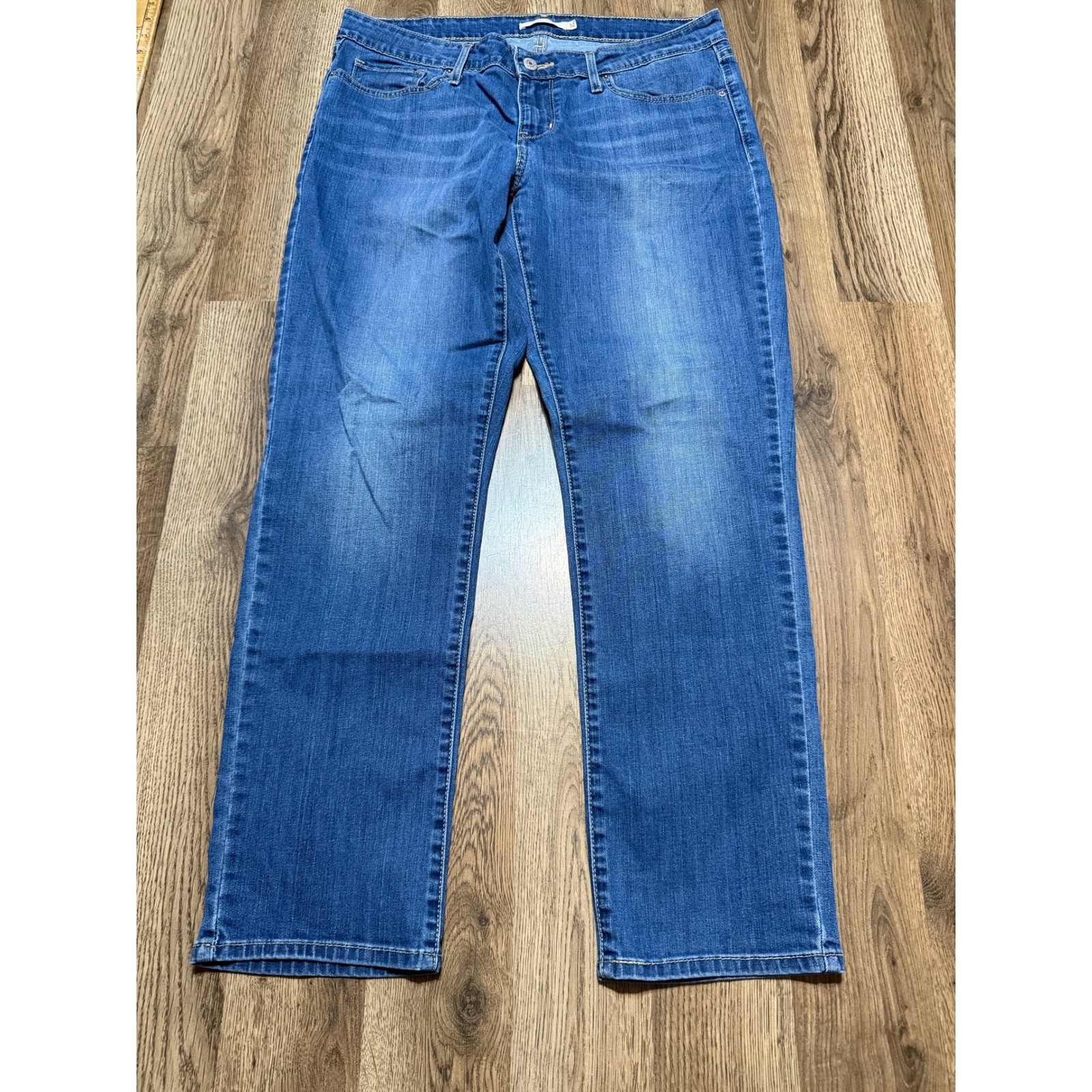 Womens 32 Blue Medium Wash Denim Stretch Pants Pockets