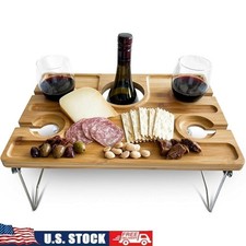 Large Folding Bamboo Picnic Table W/ Wine Glass Holder Portable Outdoor Dining