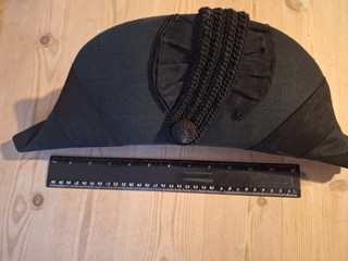 vintage or antique black silk trimmed bicorn hat (also known as a cocked hat