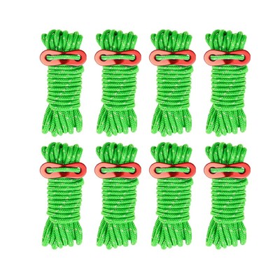 8-Pack 4mm Guy Lines Ultralight Tent Cord w/ Aluminum Adjuster Tensioners Green 