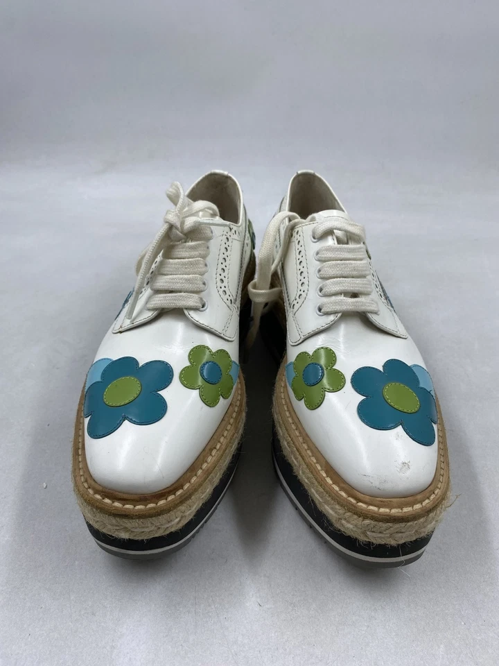 Эспадрилья Prada белая с цветочным узором Spazzolato кожа высокая платформа Oxford W 5 - Изображение 2 из 4