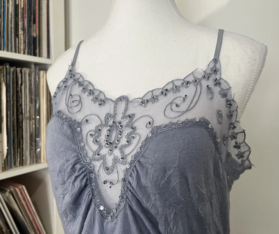 Camiseta sin mangas cami vintage Y2K autoestima hada gris lila con detalles de malla con cuentas para mujer XL Foto 3 de 4