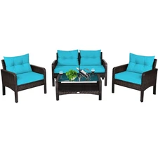 Patiojoy 4PCS Patio Rattan Furniture Set Loveseat Sofa Coffee Table W/ Cushion