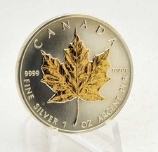 1 oz Silver Maple Leaf Canada 1990 Gilded Stock Clearance