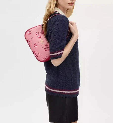 COACH Teri 2way Shoulder Bag Pink Canvas Leather Cherry Print CR290 Outlet New - Picture 11 of 16