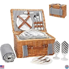 Handmade Willow Wicker Picnic Basket Set for 2 with Blanket, Cooler & Cutlery