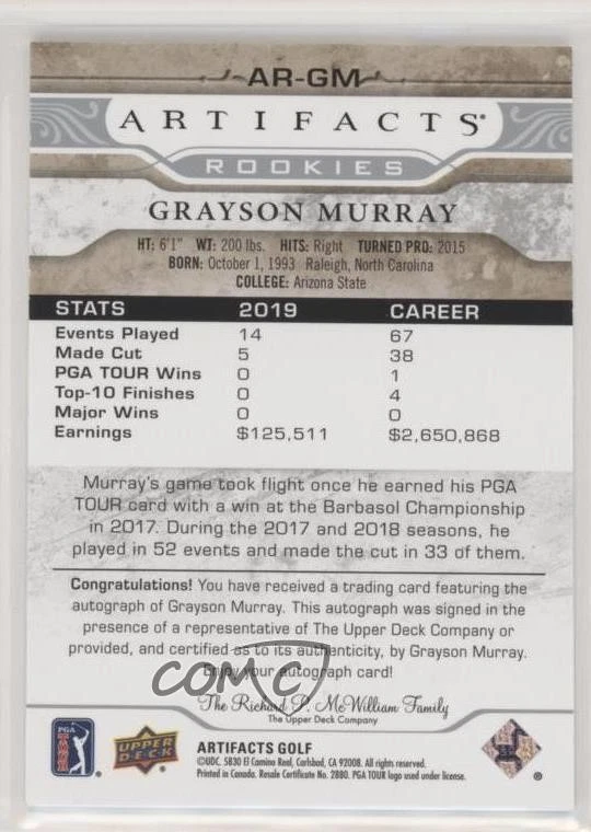 2021 Upper Deck Artifacts Auto Rookies /149 Grayson Murray #AR-GM Auto - Image 2 of 2