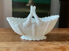 Fenton Vintage Daisy & Button Milk Glass Basket Split Twig Handle MCM