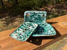 Antique Graniteware Enamelware Green & and White Swirl Soap Dish Wall Mount