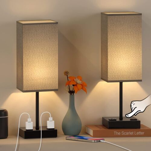 2pcs Bedside Touch Control Table Lamp w/AC Outlet,Nightstand Lamp w/Fabric Shade - Picture 1 of 10