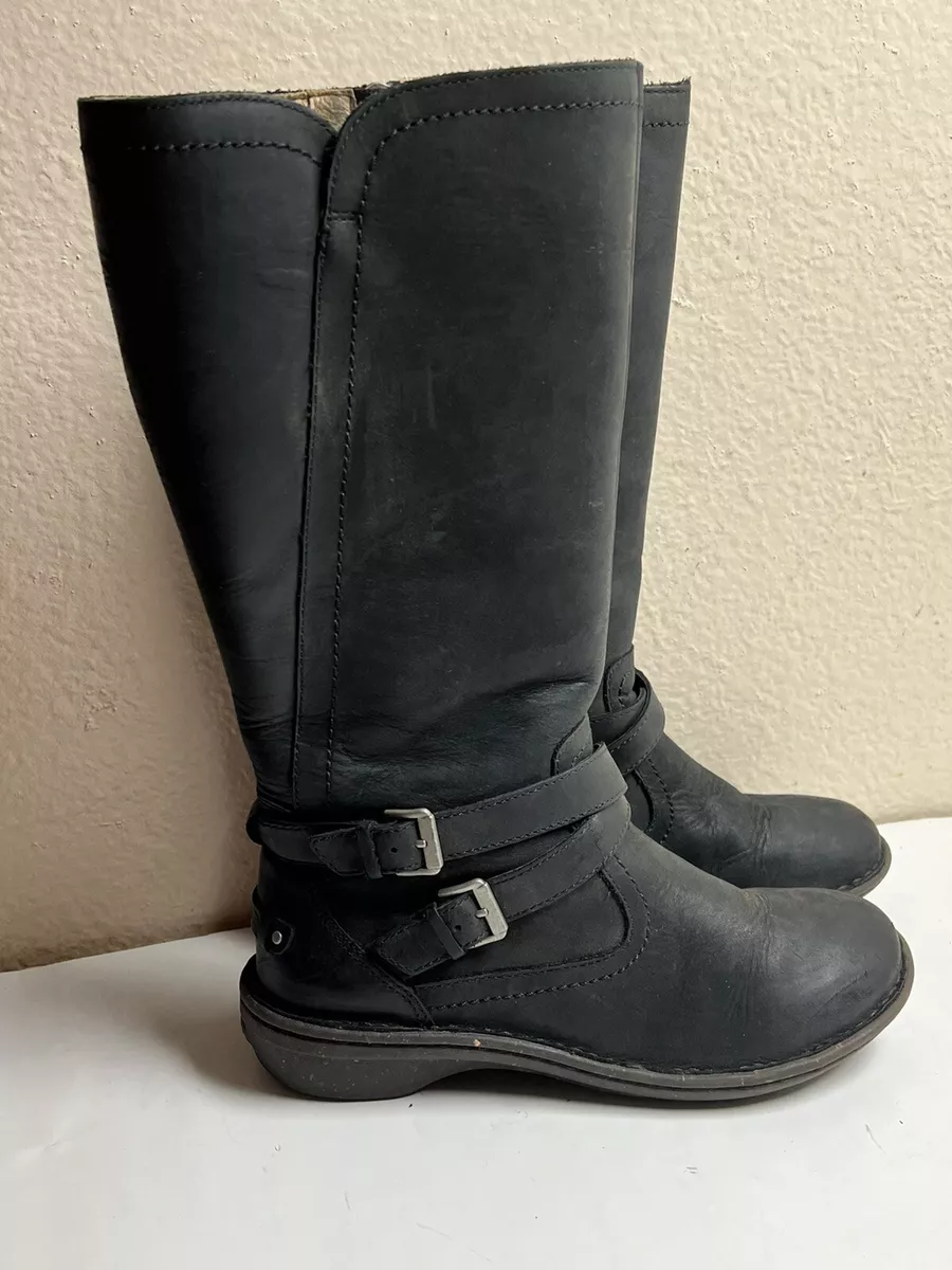 UGG Women 8 ROSEN Black Leather Tall Boot Wool Side Zip Ankle