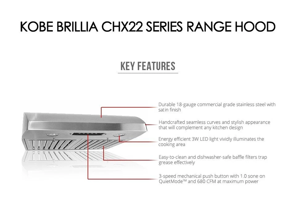 Campana extractora KOBE CHX2230SQB-1 Brillia 30 pulgadas debajo del gabinete 3 velocidades 680 CFM LE... Foto 3 de 4