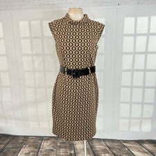Nine West Women's Allover Print Sleeveless Roll Collar Tan Knit Sheath Dress 10
