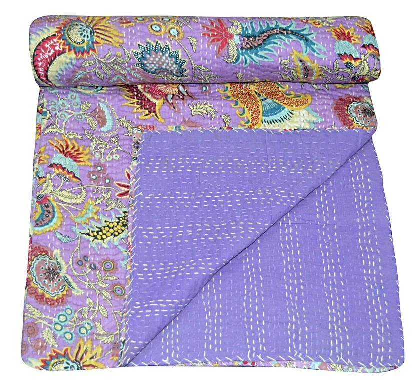 Indian Embroidery Kantha Quilt Bedspread Floral Throw Cotton Purple - Image 2 of 4
