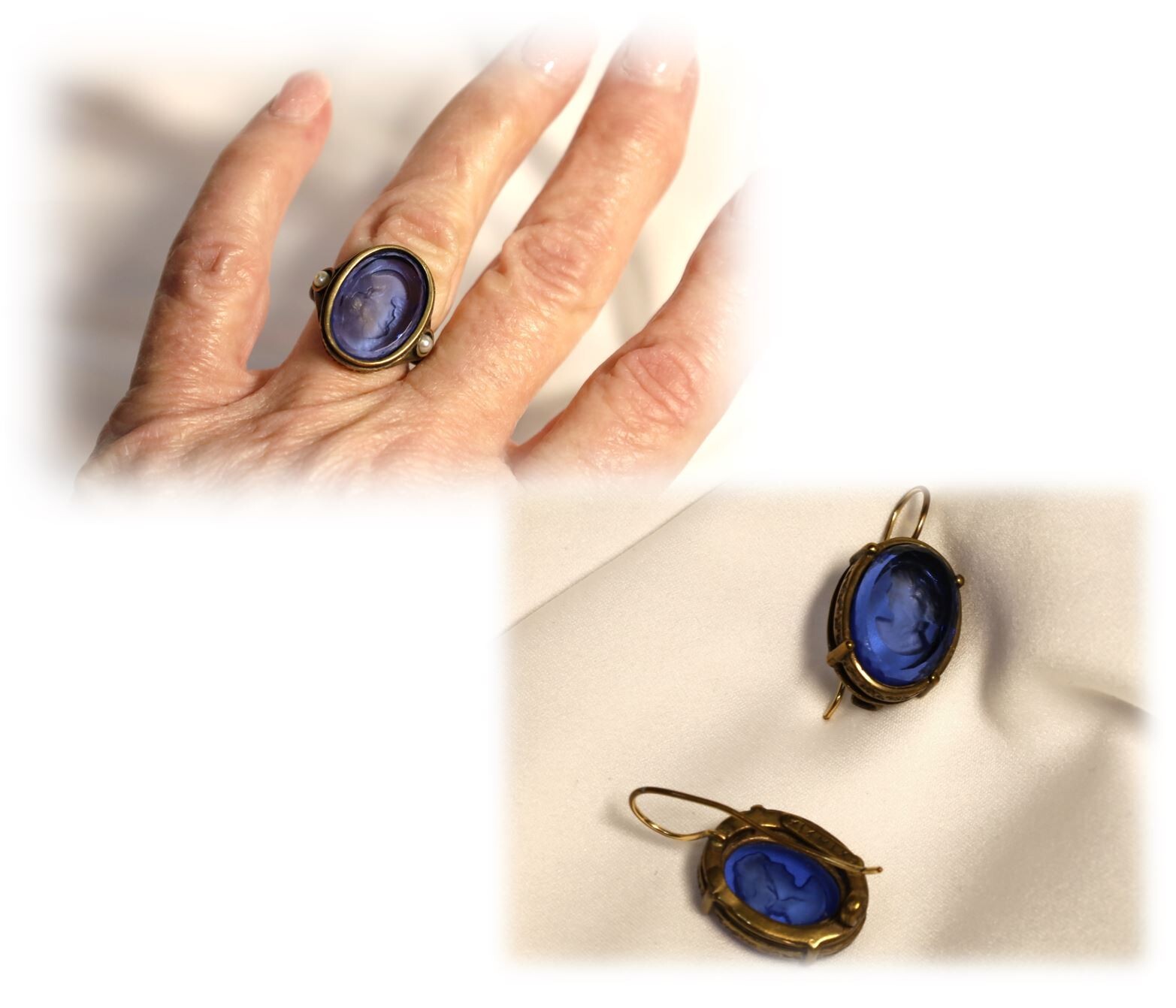Sapphire Blue Extasia Handpressed Glass Intaglio Ring & Earrings Set