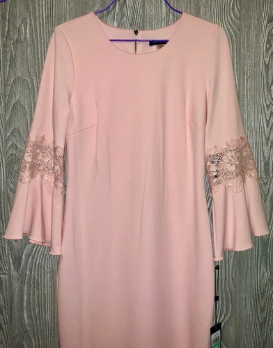TOMMY HILFIGER Lace Trim Bell Sleeve Sheath Dress Pink NEW Womens Sz 8 - Picture 2 of 7