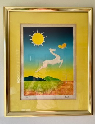 Vintage Framed Misha Moracha Yellow Cheery Art - Sun, White Deer and Butterfly