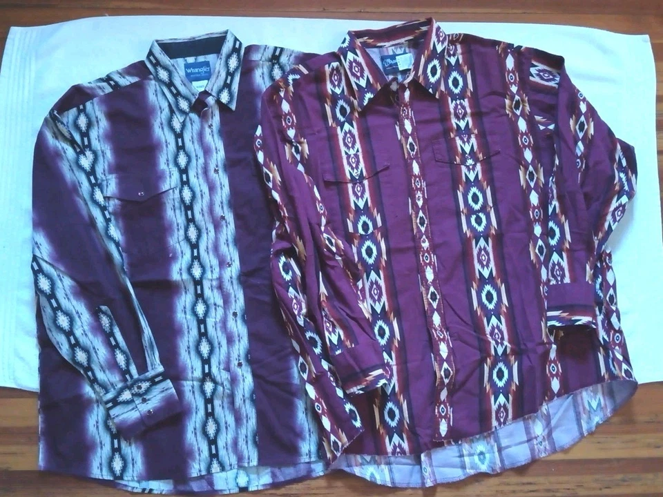 Lote de 2 camisas a presión Wrangler Western Pearl ciruela azteca y borgoña para hombre 3XL Foto 3 de 4