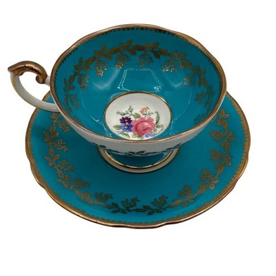Vintage Aynsley Teal Footed Teacup & Saucer Floral Medallion Gold Trim #1544