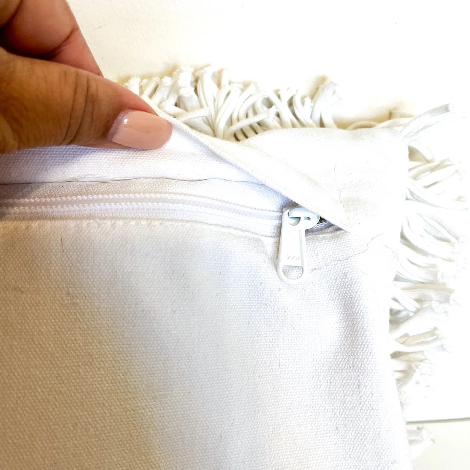 Crate & Barrel Remy Shag Fringe Accent Pillow Cover Sham 12X18 White Boho Hippie - Image 4 of 4