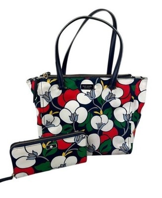 Kate Spade Floral Canvas Tote Purse Navy Red Matching Zip Wallet Flaws Read