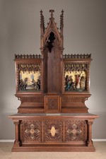 Antique Gothic Carved Solid Oak Wood Altar with Polychrome Retable Relief Panels