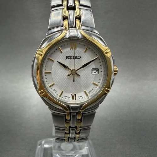 Seiko Watch Women 26mm Silver Dial Two Tone Date Round 7n82-0at0 New Battery