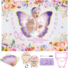 Butterfly Baby Milestone Blanket Set for Baby Girls, Floral Monthly Baby Milesto