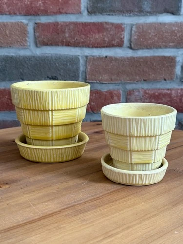 Pair Vintage Yellow McCoy Pottery Basketweave Planters